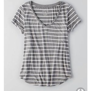 AEO soft gray and white striped v neck
